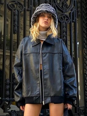 NWT Princess Polly Black Faux Leather Bomber Jacket